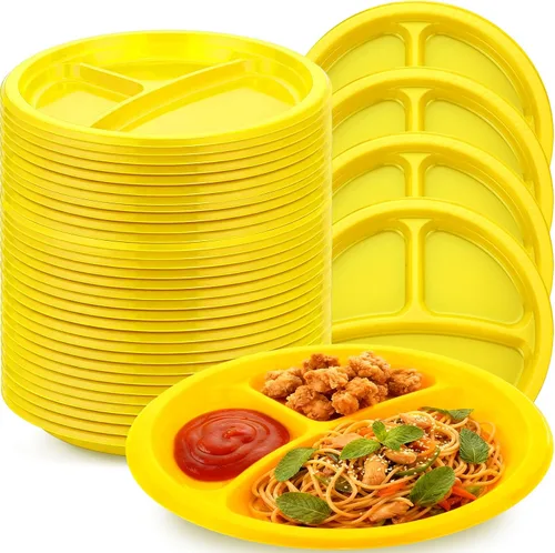 Vista 15 de Umigy 100 platos de plástico divididos de 10 pulgadas, 3 compartimentos, a granel, colorido, desechable, resistente, vajilla redonda para San Negro