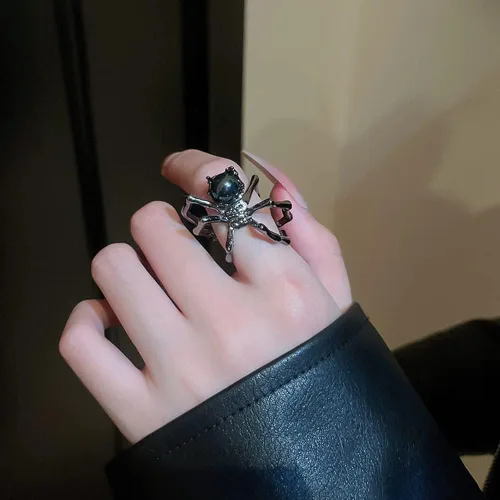 Vista 2 de Wiwpar Anillo de dedo abierto de araña grande negro gótico punk para mujeres y hombres, estilo bohemio, vintage, grueso, nudillo, araña, anillos