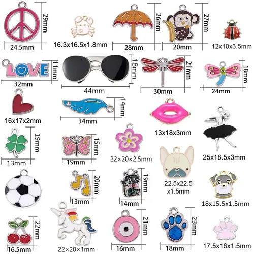 Vista 2 de SUNNYCLUE 1 caja de 30 estilos, 30 piezas de dijes esmaltados surtidos chapados en plata, unicornio, animales, corazón, flor, joyería, colgantes