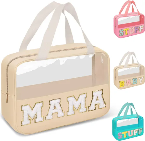 Vista 27 de izuzta Bolsas de maquillaje transparentes tipo tote con letras de chenilla, bolsa de maquillaje preppy con asa, Moda