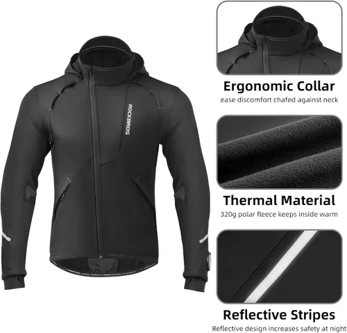 Vista 3 de ROCKBROS Chaquetas de ciclismo para hombre, chaquetas de invierno para bicicleta, chaqueta térmica resistente al viento para hombre, clima frío