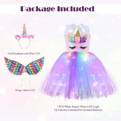 Vista 3 de NSSONBEN Girls Sequin Unicorn Custome LED Light Up Onesie Tutu Dress Birthday Gifts Halloween Costume with Headband and Wings