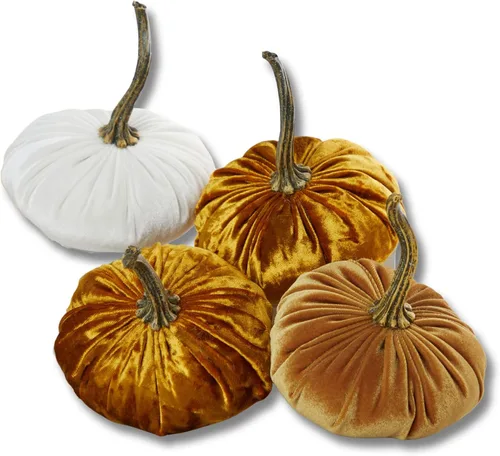 Vista 30 de Juego de 4 pequeñas calabazas de franela de terciopelo y algodón, decoración a cuadros de búfalo blanco y negro, estantes de calabaza negra
