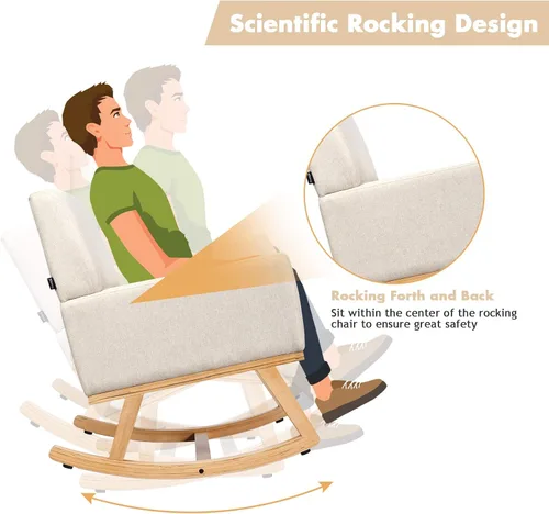 Vista 7 de S AFSTAR Mecedora, silla tapizada de tela con marco de madera resistente y asiento acolchado, sillón moderno para sala de estar (beige)