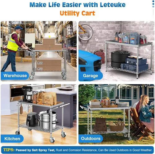 Vista 6 de Leteuke Carrito de herramientas de 2 niveles con ruedas, carrito utilitario rodante resistente con asa, carrito de almacenamiento de servicio