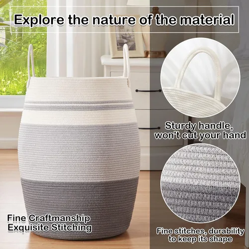 Vista 3 de OIAHOMY Cesta de lavandería tejida de cuerda, tamaño grande, con asas extendidas para ropa y juguetes, cesta alta de 25.6 pulgadas, plegable