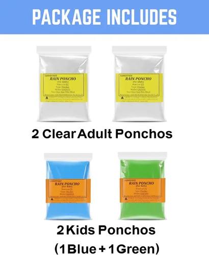 Vista 7 de Ponchos de lluvia para adultos, niños y familia 4, 8, 9 y 16 opciones de paquete Extra grueso, resistente al desgarro con capucha