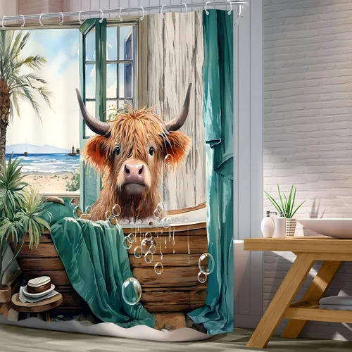Vista 4 de Highland Cow - Cortina de ducha de verano de 60 pulgadas de ancho x 72 pulgadas de largo, divertida y linda vista al mar, vista al mar, paisaje