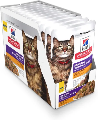Vista 3 de Hill's Science Diet Alimento húmedo para gatos con estómago y piel sensible para adultos, pollo y carne de res, bolsas de 2.8 onzas, paquete de 24
