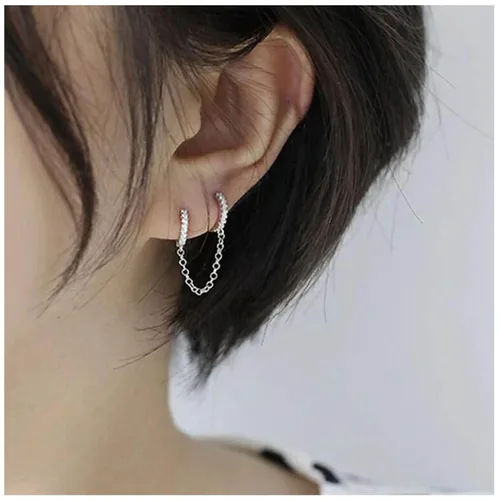 Vista 2 de Aretes de aro de doble cadena bohemia, aretes de cadena de aro de circonita dorada, aretes de cadena punk con diamantes de imitación, aretes