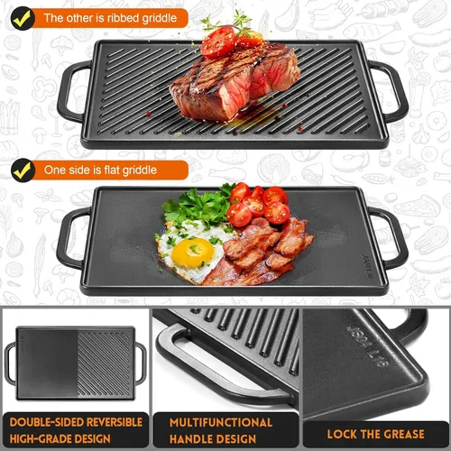 Vista 4 de GGC Parrilla reversible de hierro fundido, sartén de doble cara perfecta para parrillas de gas y estufas, 13 x 8.25 pulgadas rectangular