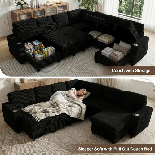 Vista 3 de Sofá cama modular de 103.5 pulgadas con cama extraíble, sofá de gran tamaño con almacenamiento, sofá modular para sala de estar, color beige Negro