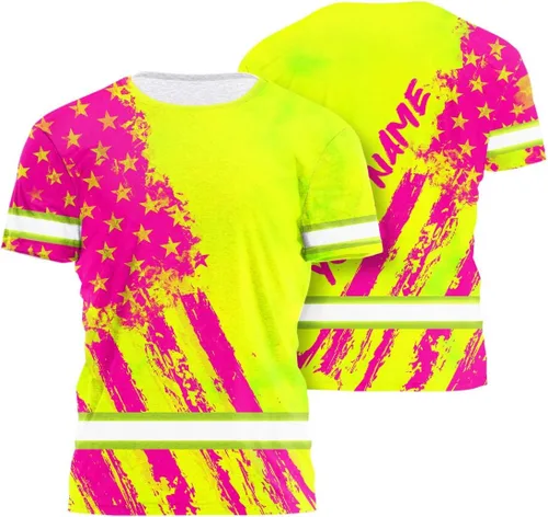 Vista 22 de Camisa de alta visibilidad con bandera de Estados Unidos de color para hombres y mujeres, con nombre personalizado, camisa de seguridad reflectante