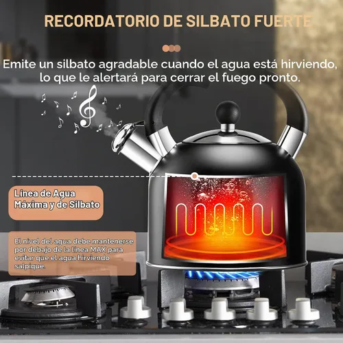 Vista 4 de SUSTEAS Hervidor de té – Hervidor silbante de 3.17 cuartos con mango ergonómico – Ollas de té de acero inoxidable de alta calidad para estufa