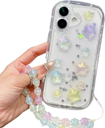 Vista 51 de Compatible con iPhone 11 Pro Funda Transparente Bonita con Diseño de Estrella con Purpurina en 3D con Perlas y Pulsera de Perlas, Diseño de Cadena