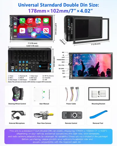 Vista 8 de Estéreo de coche inalámbrico de 7" de doble DIN con Apple CarPlay Android Auto 178 * 102mm, radio de reproducción de coche con pantalla táctil