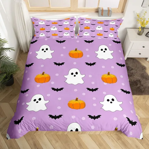 Vista 21 de Manfei Juego de funda de edredón de Halloween tamaño individual, juego de ropa de cama de 2 piezas para niños y niñas, decoración de habitación
