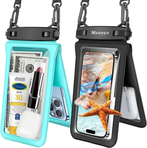Vista 14 de Niveaya Bolsa impermeable para teléfono con doble espacio - 2 unidades, funda impermeable con cordón para iPhone 16/15/14/13/12 Pro Max hasta 8.3