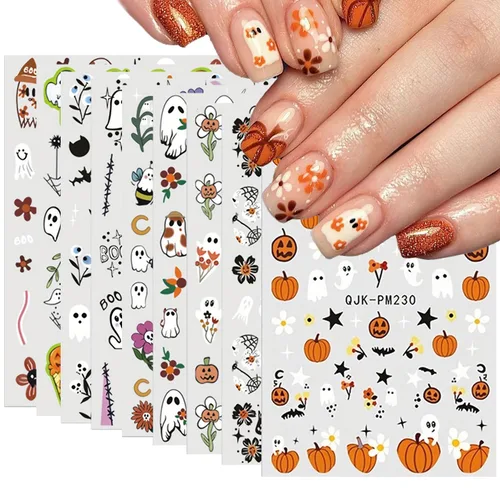 Vista 18 de 8 hojas de calcomanías de uñas de Halloween con diseños de fantasmas lindos, calabaza, araña, telaraña, sangre, llama 3D, autoadhesivas, Otoño