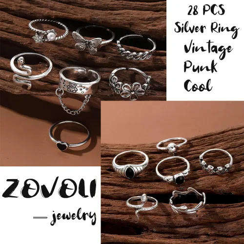 Vista 3 de ZOVOLI Juego de anillos de nudillos plateados vintage para mujeres y adolescentes, paquete de anillos góticos geniales, 28 piezas apilables de moda