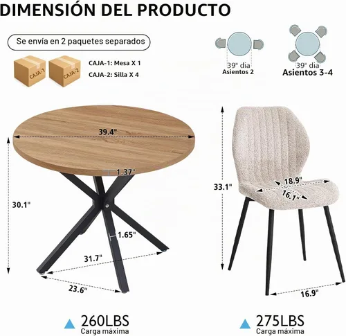 Vista 2 de Juego de mesa de comedor redonda de 39 pulgadas para 4, mesa Beige