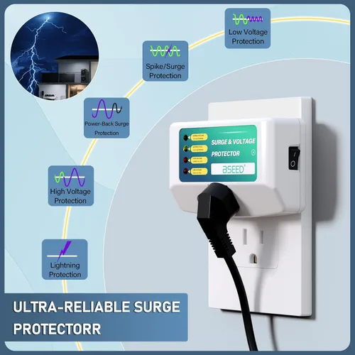 Vista 3 de BSEED Protector de sobretensiones de salida única para refrigerador, protector de voltaje con indicadores de luz para TV, PC, lavadora y otros