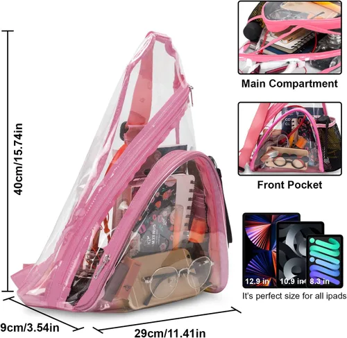 Vista 3 de Bolso bandolera transparente mochila cruzada de PVC aprobada por el estadio mochila informal transparente para senderismo viajes conciertos Rosado