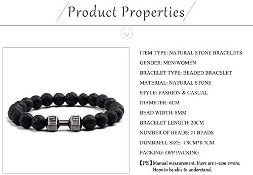 Vista 3 de Pulsera de mancuernas de piedra volcánica volcánica negra natural con cuentas mate para mujeres y hombres, pulseras de joyería de barra de fitness