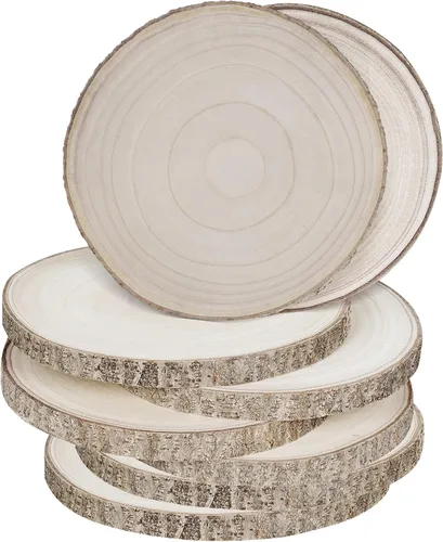 Vista 10 de Sancodee 8 piezas grandes de rodajas de madera sin acabar, tablas de madera de 6-7 pulgadas para centros de mesa, círculos de madera natural