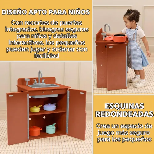 Vista 4 de Back2School Express Fregadero de cocina para niños, de madera, nogal oscuro