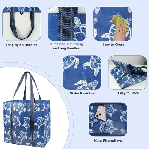 Vista 8 de Bolsas de compras plegables reutilizables BeeGreen, paquete de 3 bolsas grandes para comestibles, resistentes, con fondo rígido, para playa