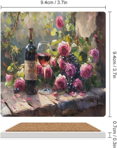 Vista 2 de 4 posavasos de vino tinto, cuadrados y modernos posavasos absorbentes de cerámica, estilo de pintura al óleo, vintage, vino tinto, uvas, rosa