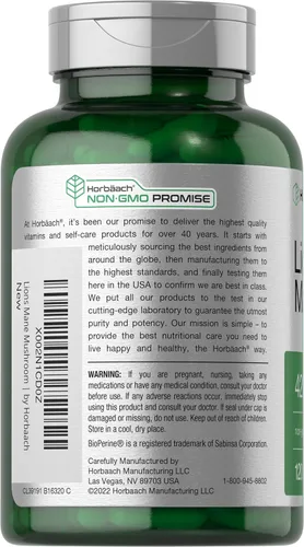 Vista 3 de Horbäach extracto de hongo melena de león 4200mg 120 cápsulas suplemento vegetariano, no transgénico, sin gluten