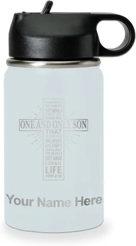 Vista 65 de LaserGram Botella de agua personalizada, versículo bíblico John 3-16, acero inoxidable de doble pared aislada al vacío con popote superior, regalo