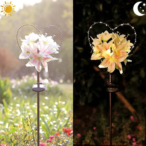 Vista 3 de Starryfill Luces solares de jardín al aire libre en forma de corazón con flores de lirio blanco, luces de estaca de metal con 25 LED blanco cálido