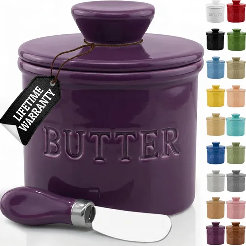 Vista 22 de Priority Chef Mantequilla grande con tapa con línea de agua, plato de mantequilla francesa de cerámica para dejar en el mostrador, color negro