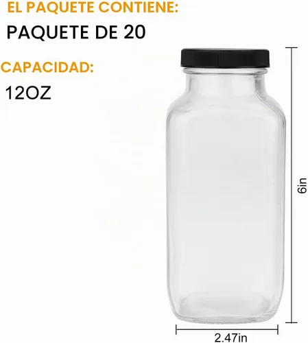 Vista 2 de Botellas para beber bebidas de 12 onzas, botella de agua de vidrio con tapas, octogonal vintage de 11.8 fl oz, botellas de jugo para almacenamiento