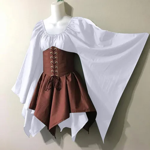 Vista 6 de SHOPESSA Disfraz medieval renacentista para mujer, vestido de corsé pirata, manga acampanada, vestido corto irlandés tradicional