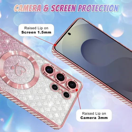 Vista 647 de Bonoma - Funda compatible con Samsung Galaxy S21 Plus, diseño de corazón con purpurina, color rosa Support for MagSafe, Plating Magnetic Case TPU