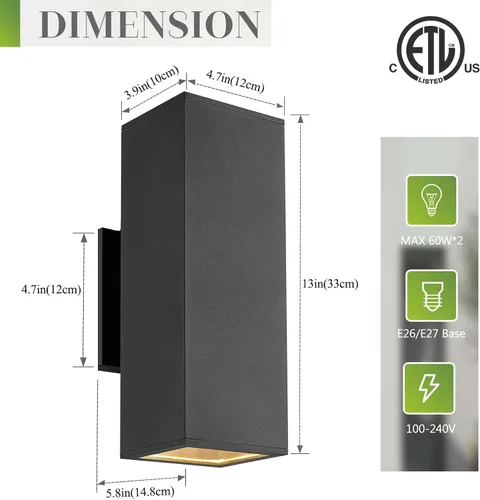 Vista 4 de harriet Luces de porche modernas para exteriores, cubierta de aluminio impermeable IP64 y vidrio templado, aplique de pared rectangular arriba/abajo