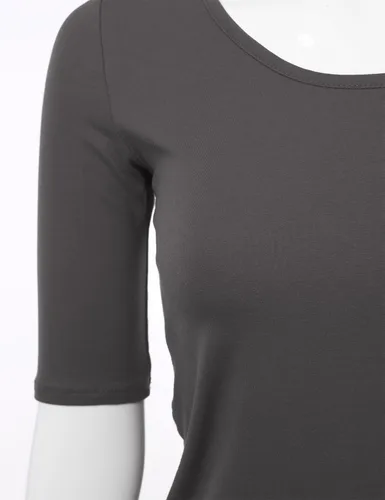 Vista 4 de SSOULM Camiseta básica de algodón de manga 12 con cuello redondo para mujer, talla grande, Negro