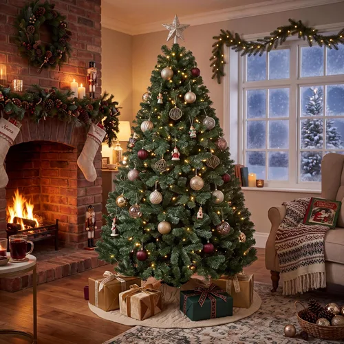 Vista 12 de Árbol de Navidad artificial flocado de nieve de 6 pies, árbol de Navidad delgado sin luz con piñas, puntas de ramas de PVC, soporte de metal