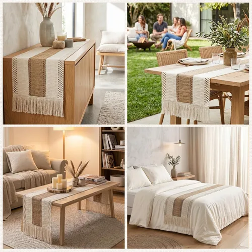 Vista 7 de OurWarm Camino de mesa de macramé estilo granja, camino de mesa bohemio de arpillera natural, decoración de granja moderna, algodón rústico tejido