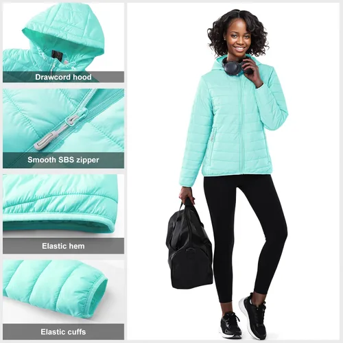 Vista 5 de Outdoor Ventures Chaqueta Puffer Ligera Empacable para Mujer con Cremallera Completa y Capucha, Abrigo de Invierno Acolchado Azul claro