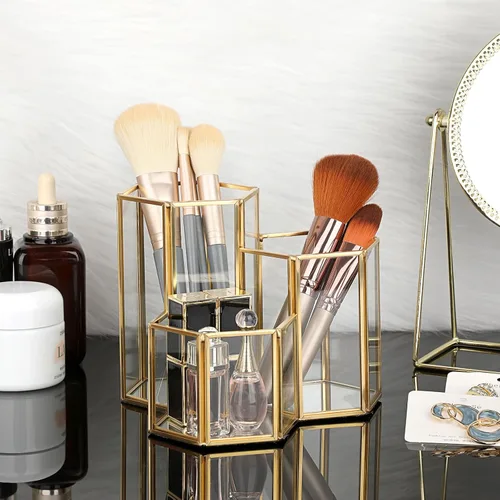 Vista 2 de Hipiwe Porta brochas de maquillaje de vidrio, 3 ranuras espejadas, organizador de brochas de cosméticos doradas, vitrina, caja de almacenamiento