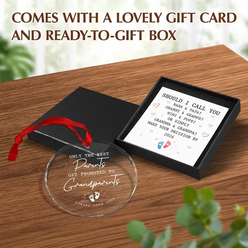 Vista 3 de OASSIE Adornos Navideños para Abuelos - Regalos de Anuncio de Embarazo Adornos de Vidrio para Árbol con Tarjeta - Promovido para Abuelos Regalos