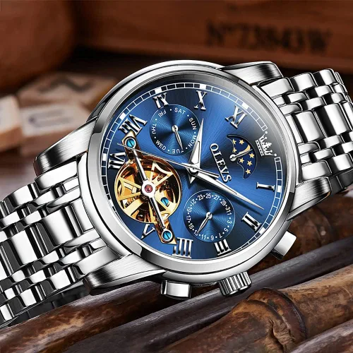 Vista 2 de OLEVS - Relojes automáticos para hombre, diseño mecánico con cuerda automática, reloj de pulsera de lujo de moda, esqueleto, luminoso, impermeable