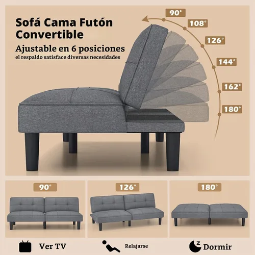 Vista 6 de KOMFOTT Sofá cama tipo futón convertible, sofá cama plegable tapizado de lino con respaldo ajustable de 6 posiciones, cojín grueso, sofá reclinable