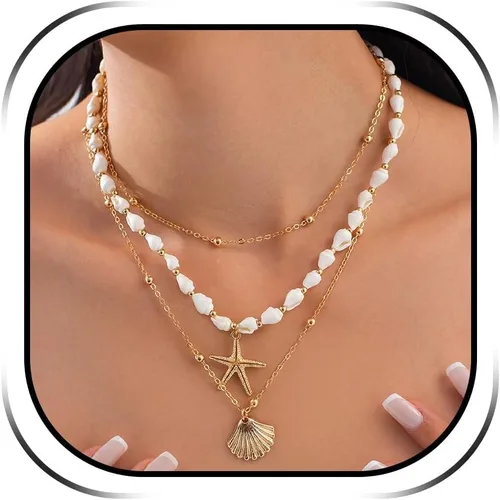 Vista 12 de Collar de concha marina de Your Always Charm para mujer, collar de concha ajustable con capas de encanto de concha marina para mujer, atuendos de A