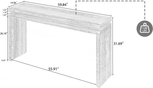 Vista 2 de Mesa de entrada de madera retro de 60 pulgadas, mesa consola de granja natural con diseño de suspensión de doble tablero para sala de estar, fácil
